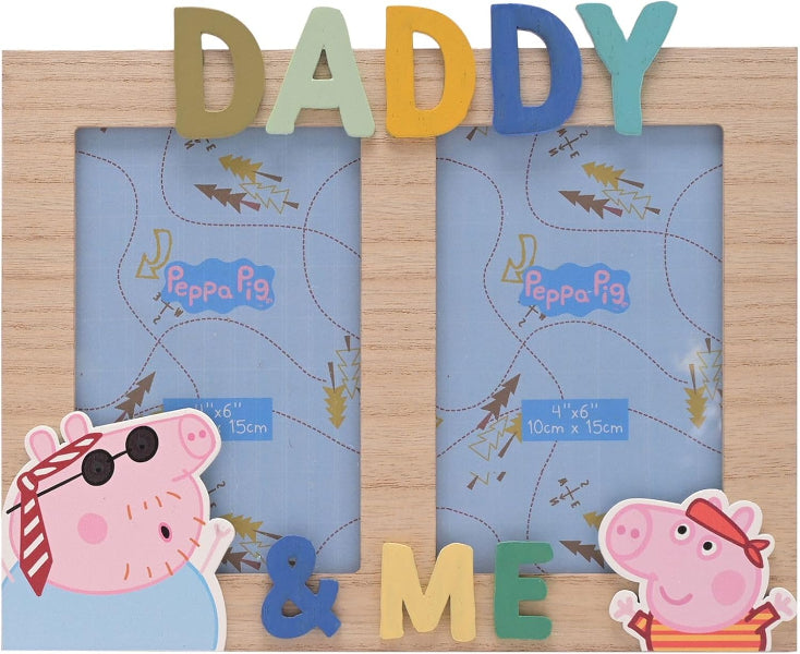 Wooden photo frame with 'Daddy & Me' text and Peppa Pig characters on a wooden background.