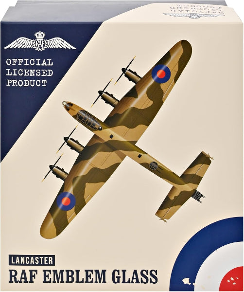 Boxed product with a camouflaged airplane design and RAF emblem on a beige background.