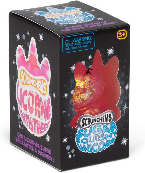 Box of Scrunchems Sugar Squish Unicorn toy with colorful unicorn design on a black background
