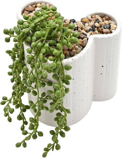 White U-shaped planter with a hanging succulent plant on a white background