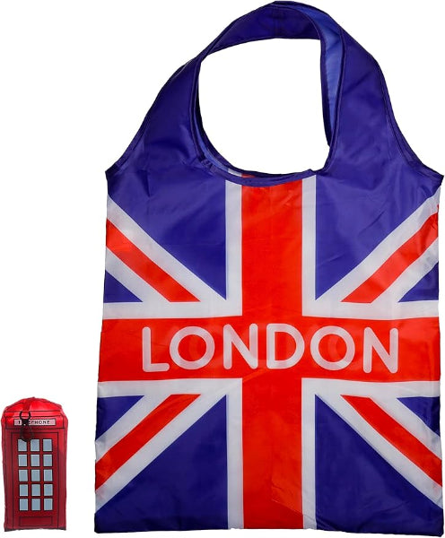 Foldable shopping bag with Union Jack design and 'London' text, featuring a red phone box icon.