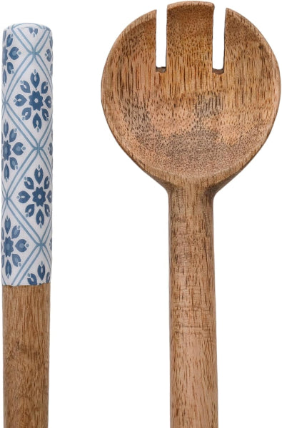 Wooden salad servers with one having a decorative blue handle.