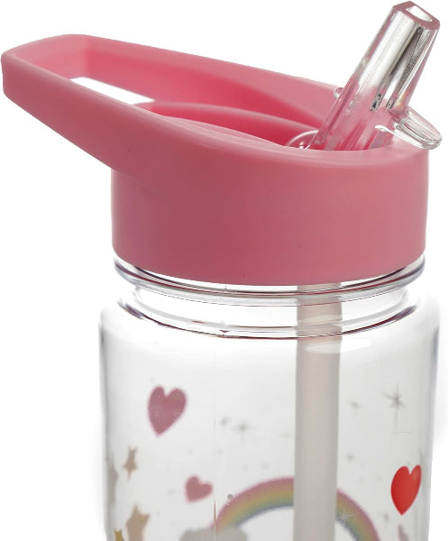 Clear water bottle with pink lid and heart designs on a white background