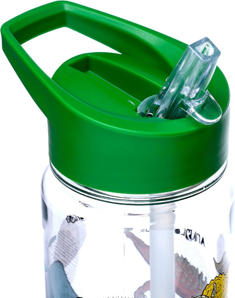 Green lid with straw on a clear bottle, featuring a cartoon character.
