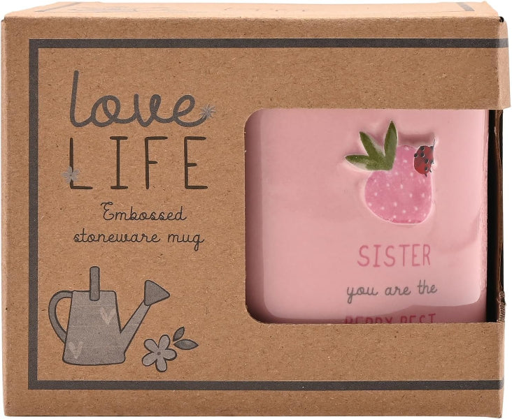 Pink stone-ware mug with 'Sister you are the best' text in a 'Love Life' branded box.