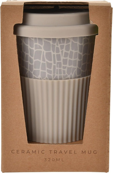 Ceramic travel mug with patterned design in a brown packaging box