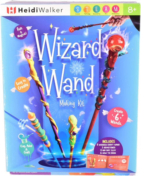 Heidi Walker Wizard Wand Making Kit packaging with colorful wands and text on a blue background