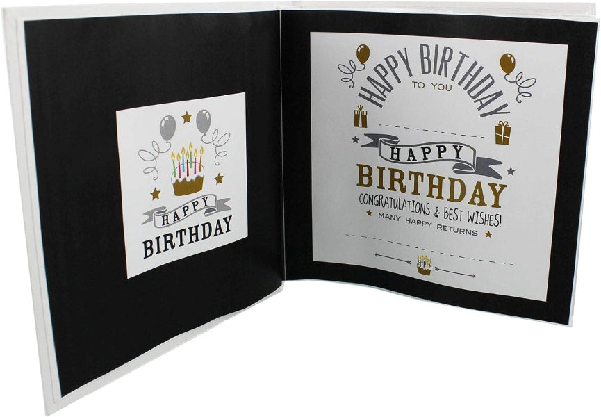 Open birthday card with decorative text and graphics on a white background