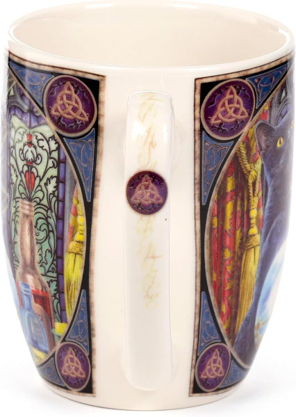 Decorative mug with colorful designs and patterns on a white background