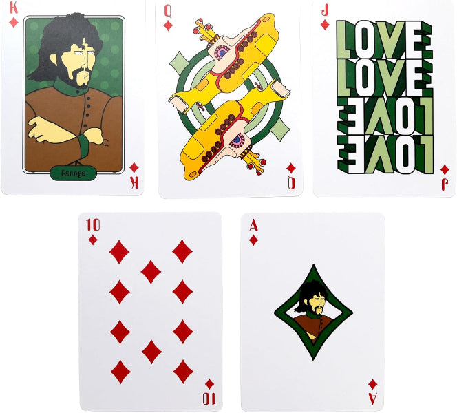 Collection of playing cards with unique designs on a white background
