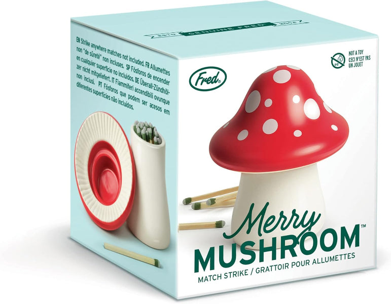 Box of 'Merry Mushroom' match striker with red mushroom design on a light blue background