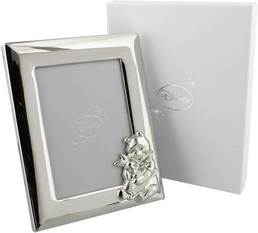Silver photo frame with a bear design on a white background