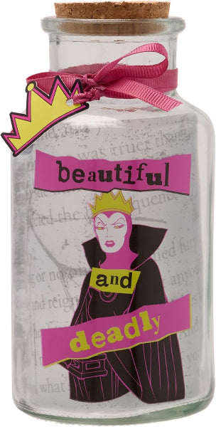 Glass jar with cork lid, pink ribbon, and 'beautiful and deadly' tag with cartoon character.