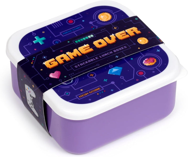 Purple lunch box with 'Game Over' design on a white background