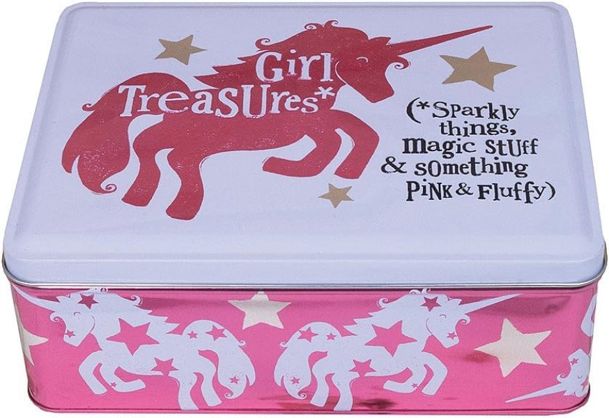 Pink and white tin box with unicorn design and text on a white background
