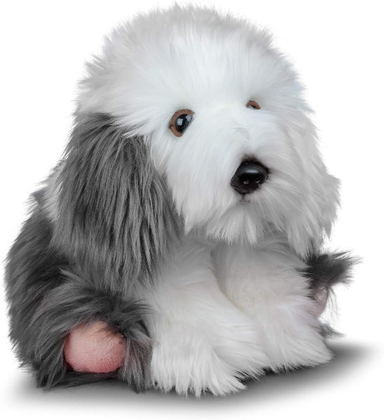 Plush toy resembling a fluffy dog with gray and white fur on a white background