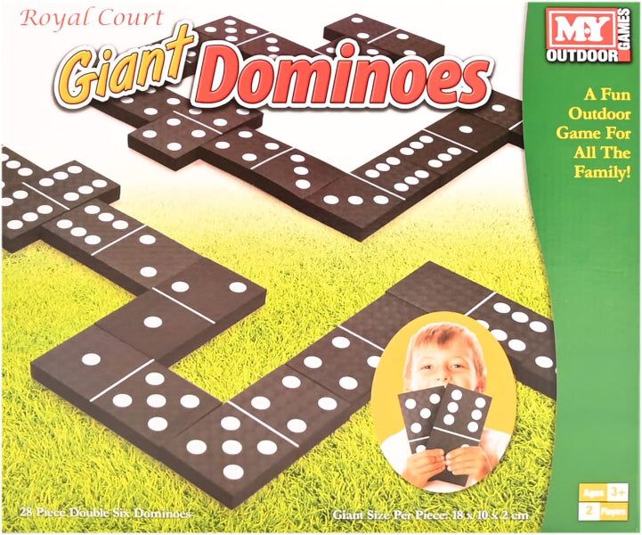 Giant dominoes set with packaging on grass, featuring 'My Outdoor Games' brand.
