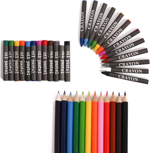 Set of crayons and colored pencils on a white background
