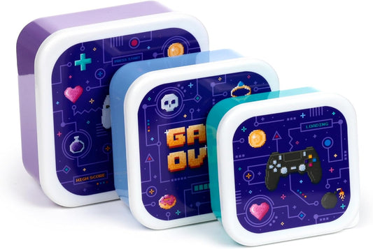 Three square containers with gaming-themed designs on a white background