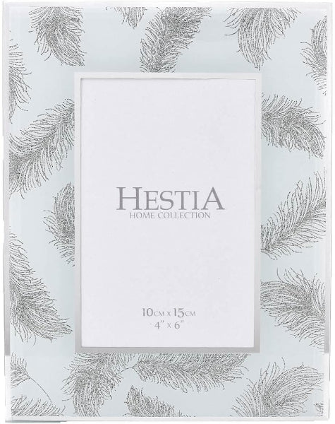 Decorative photo frame with Hestia branding and feather pattern
