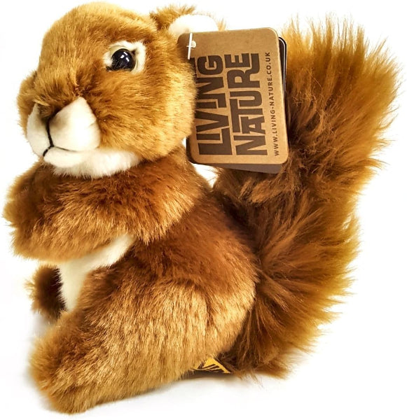 Plush squirrel toy with a 'Living Nature' tag on a white background