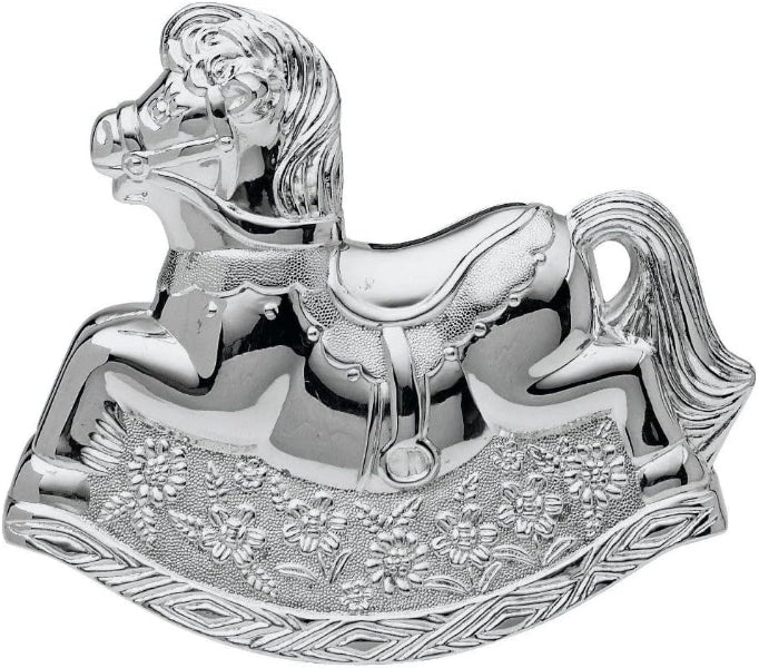 Silver rocking horse figurine with detailed design on a white background