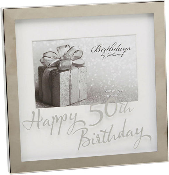 A square silver picture frame with a white mat, featuring a 50th birthday message in elegant script. The center is blanked out with a placeholder image of a gift box and the text 'Birthdays by Julianne'.