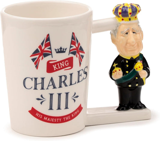 Mug with King Charles III design featuring British flags and a figure handle.
