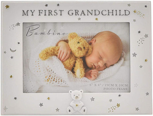 Photo frame with text 'My First Grandchild' and a baby holding a teddy bear.