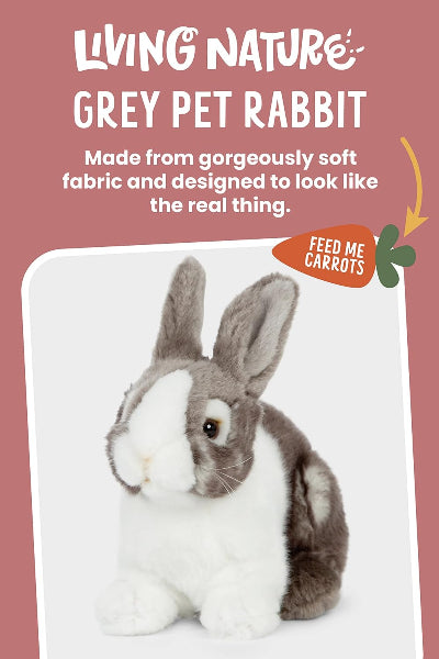 Plush toy rabbit with text on a pink background