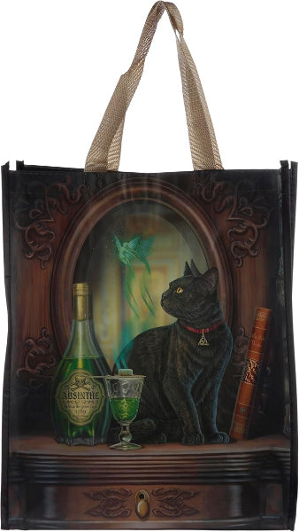 Tote bag with a black cat and bottle design on a wooden shelf