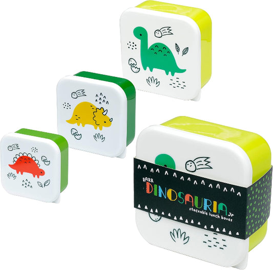 Set of dinosaur-themed lunch boxes on a white background