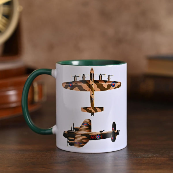 Mug with vintage airplane design on a wooden surface