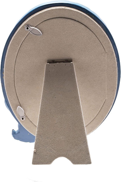Metallic stand with circular base on a white background