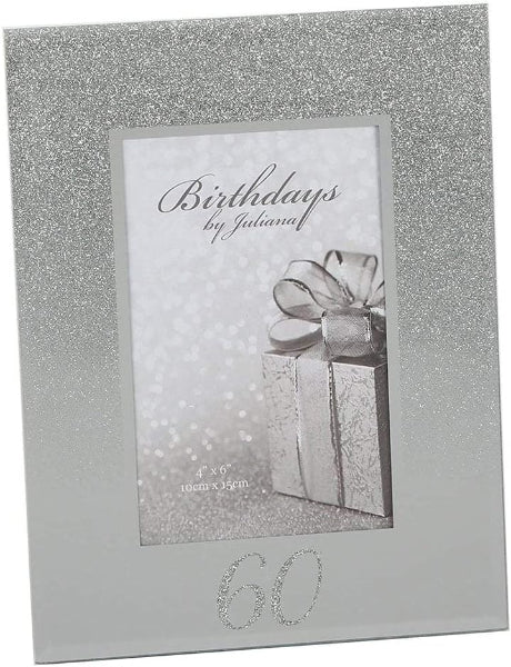 Silver glittery photo frame with a gift illustration and text on a white background