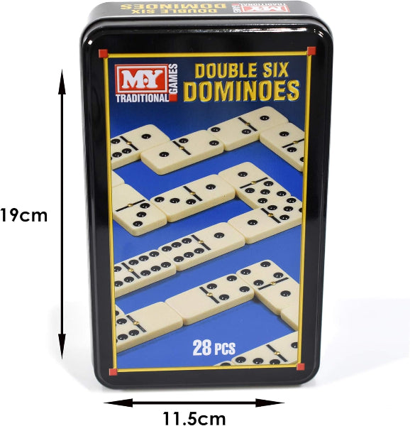 Double six dominoes set in a tin with dimensions indicated
