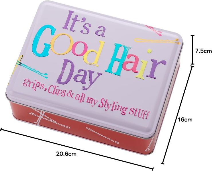 Rectangular tin box with 'It's a Good Hair Day' text and measurements on a white background