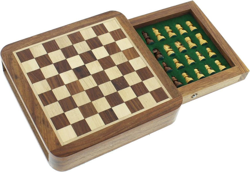 Wooden chess set with checkered board and pieces in a box