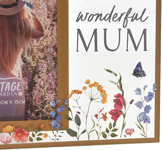 Card with floral design and 'wonderful MUM' text, featuring a photo of a person in a garden.
