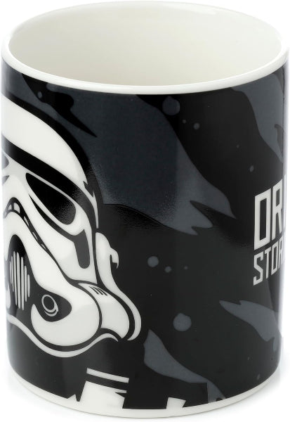 Mug with a stormtrooper helmet design and 'Star Wars' text on a black background
