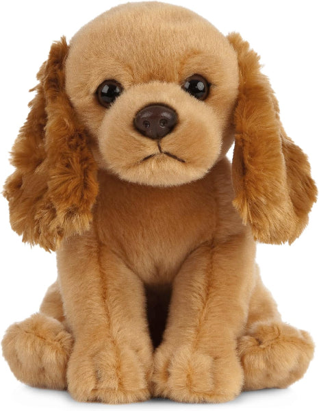 Plush dog toy with brown fur on a white background