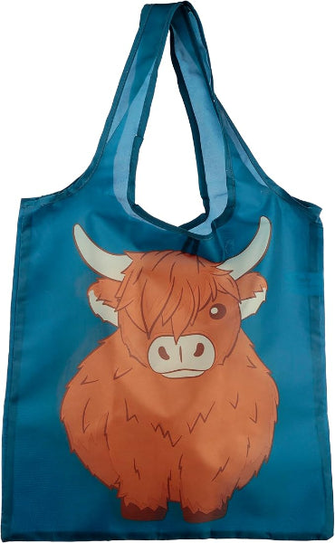 Blue tote bag with a cartoon highland cow design on a white background