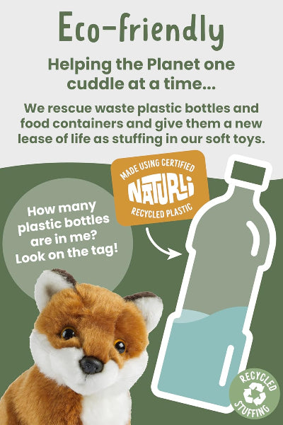 Plush fox toy with eco-friendly packaging and text about using recycled plastic bottles.