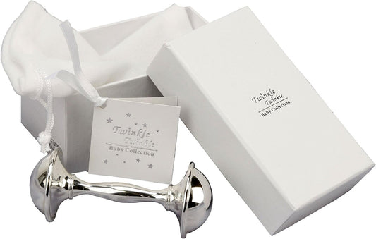 Silver baby rattle with 'Twinkle Twinkle' baby collection card and box on a white background