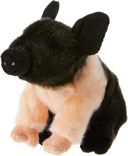 Plush toy of a pig with black and brown fur on a white background