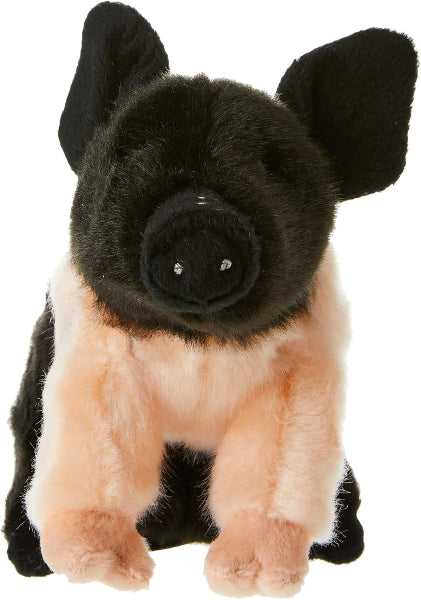 Plush toy pig with black face and ears on a white background
