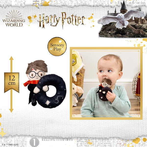 Harry Potter-themed product with a child playing with it, featuring the brand logo and sensory play label.