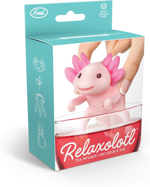 Pink axolotl-shaped tea infuser in packaging with 'Fred' branding