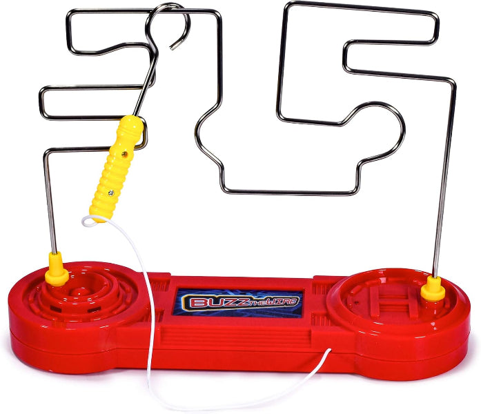 Red Buzzz! game board with metal maze and yellow handle on a white background
