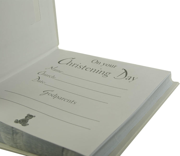 Christening guest book with text and space for writing on a white background